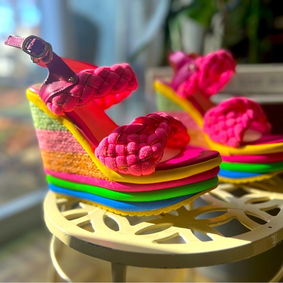 Colorful wedge opentoe sandals, size 5.5 NWOB, braided fish mouth platform heels - Picture 3 of 8